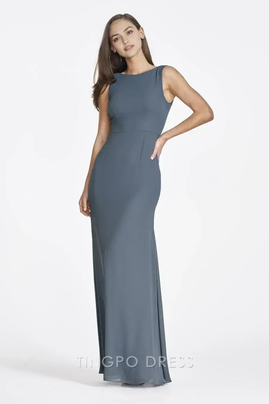 TingPo Wholesale Elegant Boat Neck Sheath Dress - Slate Blue Sleeveless Work & Cocktail Gown